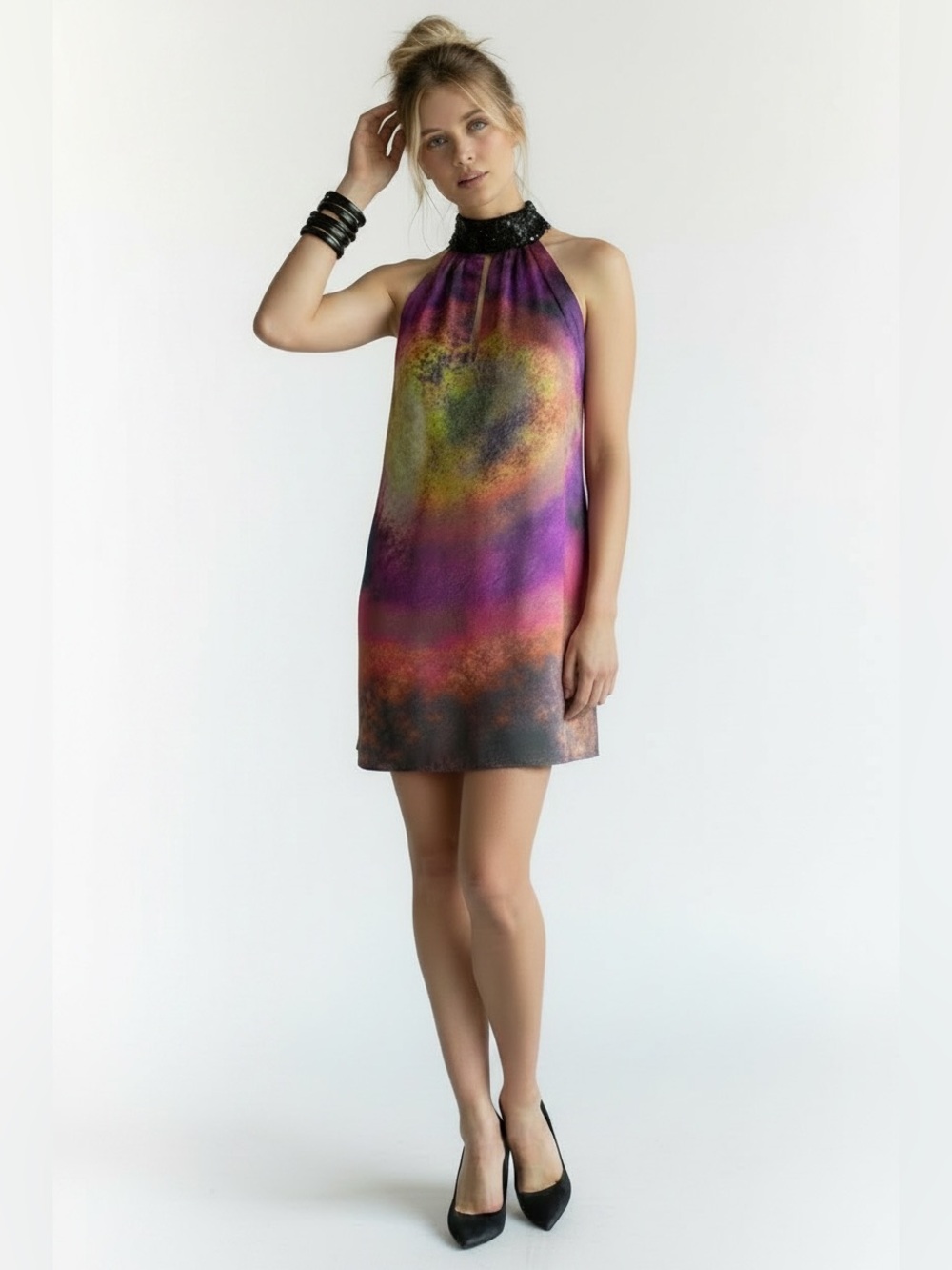 NEIMAN MARCUS SILK HALTER MINI DRESS